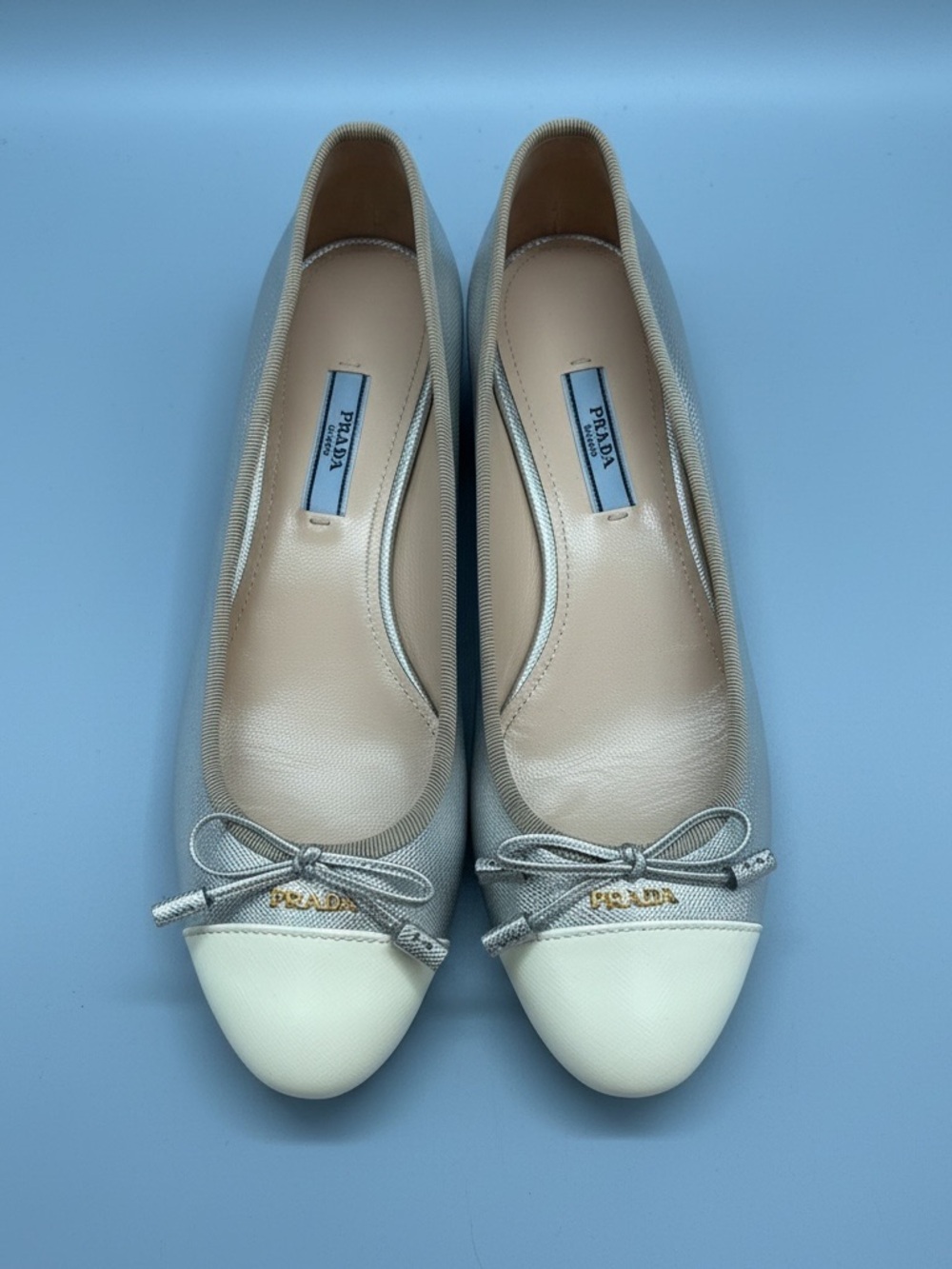 Prada Two-Tone Metallic Silver and Cream Ballet Flats